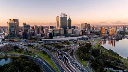 Naklejka na ściany i meble Perth City sunset at peak hour traffic