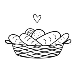 Monochrome outline bakery or store logo. Line Wicker basket with bread. Vector hand drawn illustration in lineart style isolated on white background.