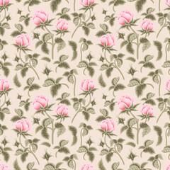 Vintage spring and summer garden rose flower bud vector seamless pattern illustration arrangements for fabric, floral prints, textile, gift wrapping paper, feminine brand and beauty products