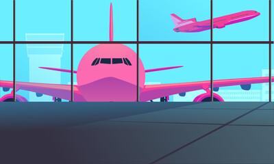 a large pink plane stands on the airfield near the terminal, the plane will take off from the runway. View from the window of the waiting room