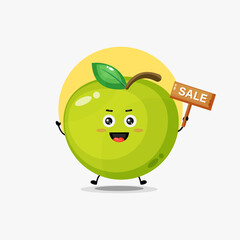 Cute green apple character with sale sign