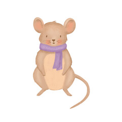 Funny sweet mouse with scarf isolated on white. Drawing cute llustration