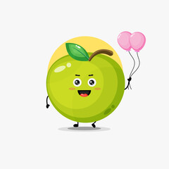 Illustration of cute green apple character carrying balloon