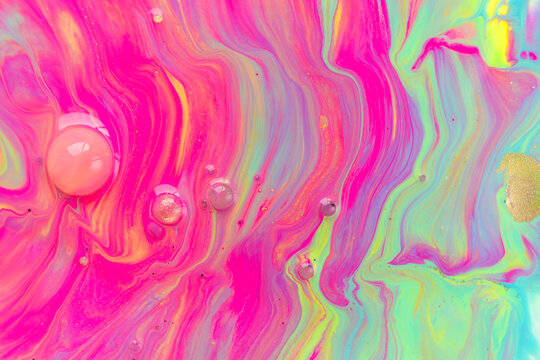 Liquid Barbie style pink background with bubbles. Neon color pink artwork illustration.