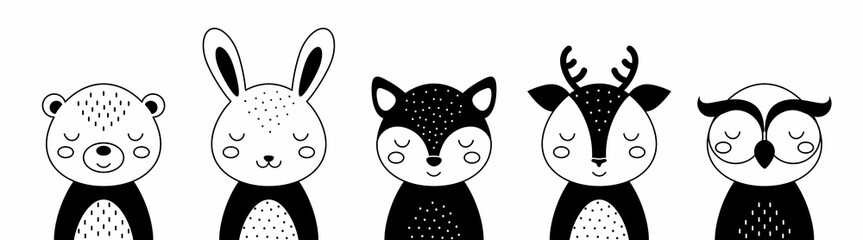 Black and white animals set of bear, hare, fox, deer, owl. Cute animals in scandinavian style. Desing for kids t-shirts, wear, nursery decoration, greeting cards. Vector illustration.