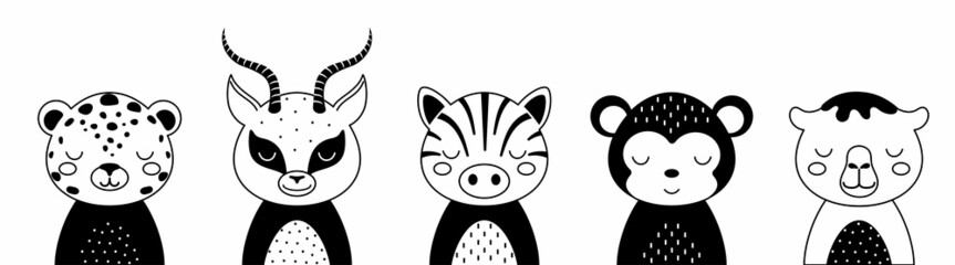 Black and white animals set of jaguar, gazelle, zebra, monkey, camel. Cute animals in scandinavian style. Desing for kids t-shirts, wear, nursery decoration, greeting cards. Vector illustration.