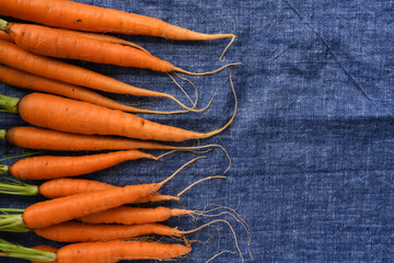 Carrots on a rustic blue kitchen linen towel background 