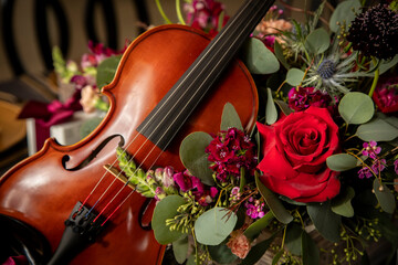 Close up of a Violin and Roses