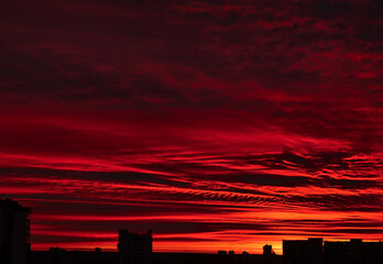city sunrise close up red sky