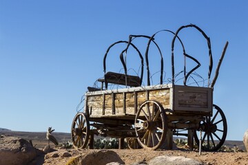 Replica of Old Vintage Wooden Wild West Stage Coach Wagon in Utah, USA