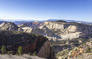 Scenic Aerial Landscape View of Red Rock Canyon Cliffs on West Rim Hiking Trail in Zion National Park, Utah USA