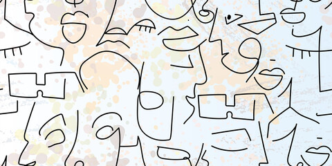 One line drawing. Abstract face seamless pattern.