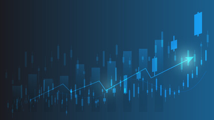 Financial business statistics with bar graph and candlestick chart show stock market price and effective earning on blue background