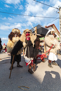Traditional national celebration in folk style. Slavic tradition. Performance with Hungarian masked artists. Authentic buso from Hungary Mohacs. Busojaras holiday. Hungarian name is Mohacsi  busojaras