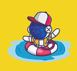 cute astronaut swimming ocean with lifebuoy. cartoon travel holiday vacation summer concept Isolated illustration. Flat Style suitable for Sticker Icon Design Premium Logo vector. Mascot Character