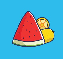 cute fruit watermelon and lemon sweet. cartoon travel holiday vacation summer concept Isolated illustration. Flat Style suitable for Sticker Icon Design Premium Logo vector. Mascot Character