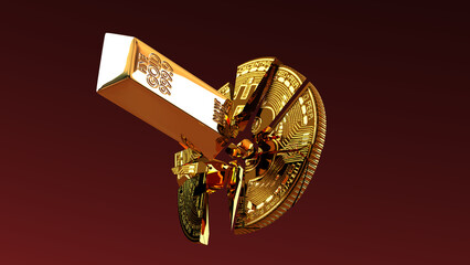 Gold bullion smashed bitcoins. 3D Rendering.