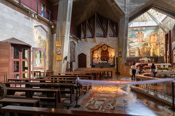 The interior of the hall on the second floor in the Church Of Annunciation in Nazareth, northern...
