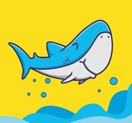 Cute cartoon shark fly above the sea enjoy happy holidays summer recreation vacation. Animal Cartoon Flat Style Icon illustration Premium Vector Logo