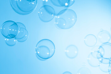 Transparent Blue Soap Bubbles Floating Texture Background.	

