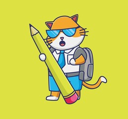 cute cat student holding giant pencil.cartoon animal student concept Isolated illustration. Flat Style suitable for Sticker Icon Design Premium Logo vector. Mascot character