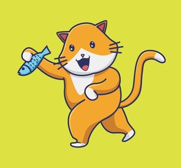 cute cat playing with fish toy. cartoon animal nature concept Isolated illustration. Flat Style suitable for Sticker Icon Design Premium Logo vector. Mascot Character