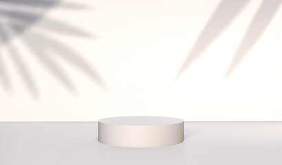 Podium for product display presentation and palm leaf with sun light in minimal on a white wall background , 3d rendering.