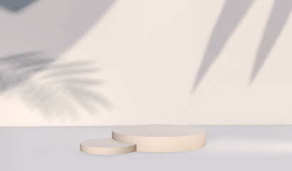 Obraz na płótnie Canvas Podium for product display presentation and palm leaf with sun light in minimal on a white wall background , 3d rendering.