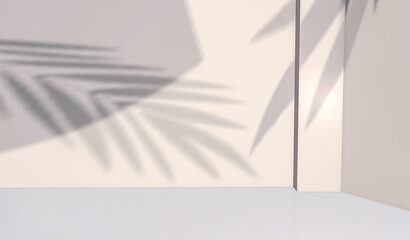 Room for product display presentation and palm leaf with sun light in minimal on a white wall background , 3d rendering.