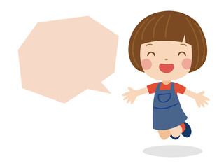 笑顔で両手を広げてジャンプするおかっぱ頭の可愛い女の子とテキスト用吹き出し