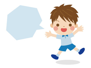 両手を広げて大きく足を開きジャンプする男の子とテキスト用吹き出し