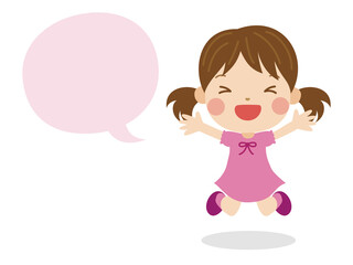 目をつぶって両手を上げてジャンプするツインテールの女の子とテキスト用吹き出し