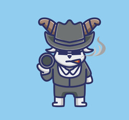 cute mafia goat wearing black suit and brink a gun. animal flat cartoon style illustration icon premium vector logo mascot suitable for web design banner character