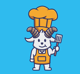 cute goat chef holding spatula. Animal cartoon Isolated Flat Style Sticker Web Design Icon illustration Premium Vector Logo mascot character