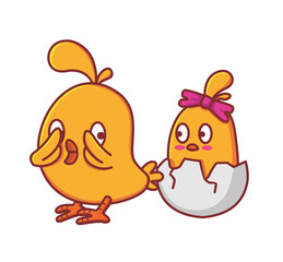cute chicks waiting for his little sister hatching. animal flat cartoon style illustration icon premium vector logo mascot suitable for web design banner character
