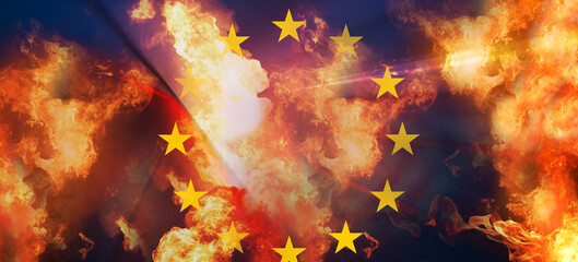 Flag of Europe with abstract concept of war with flames and fire 3d-illustration
