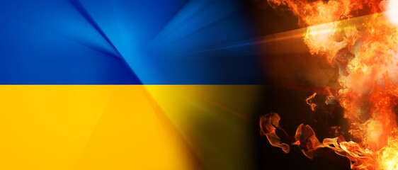 War. Flag of Ukraine with abstract concept of war with flames and fire 3d-illustration