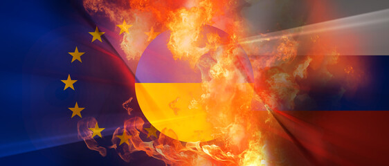 Flag of Ukraine and Russia with abstract concept of war with flames and fire 3d-illustration