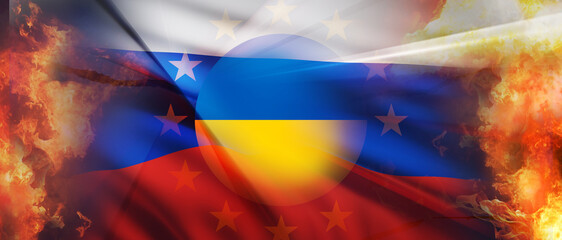 icon of Ukraine and flag Russia and stars of EU with abstract concept of war with flames and fire 3d-illustration