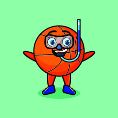 Fototapeta premium Cute cartoon basketball diver with swimming glass in 3d modern style design
