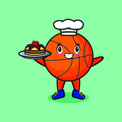 Cute Cartoon chef basketball mascot character serving cake on tray cute style design in 3d cartoon style concept