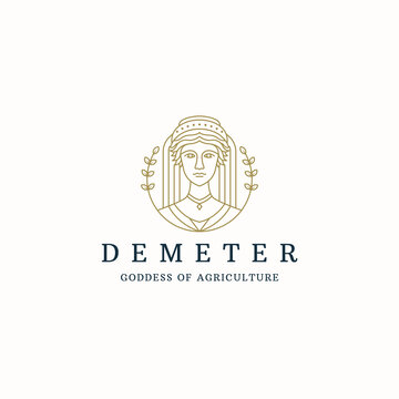 Demeter the Ancient Greek goddess of grain and agriculture logo icon design template line style flat vector
