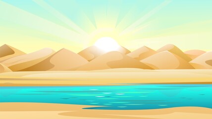 Fototapeta na wymiar Lake in sands of desert. Landscape of southern countryside. Cool cartoon style. Vector