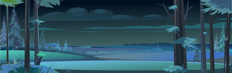 Fototapeta na wymiar Night landscape with trees and fir trees. Rural fields and meadow. Coniferous forest at dusk. Dark summer scene. Horizontal Illustration in cartoon style flat design. Vector