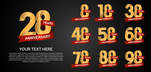set anniversary logotype premium collection gold color with red ribbon isolated on black background