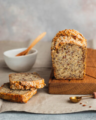 whole wheat gluten free bread with flax seads sunflower chia seads sesame. side view with copy space