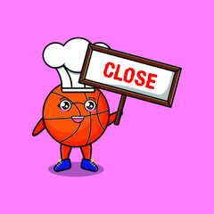 Cute cartoon basketball chef character holding close sign designs in concept 3d cartoon style