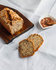 whole wheat gluten free bread with flax seads sunflower chia seads sesame. top view with copy space