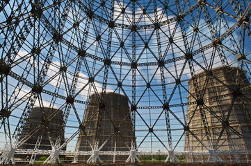 Pavlodar, Kazakhstan - 05.29.2015 : Metal frame for the construction of a cooling tower at a...