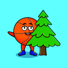 Cute cartoon Basketball character hiding tree in 3d modern design 